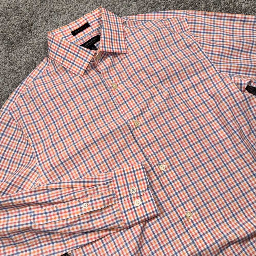 Banana Republic Grant Fit Mens Check Supima Cotton Orange Blue S EXCELLENT